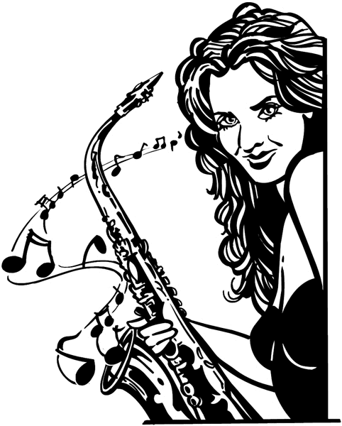 Lady with saxophone vinyl sticker. Customize on line. Music 061-0229